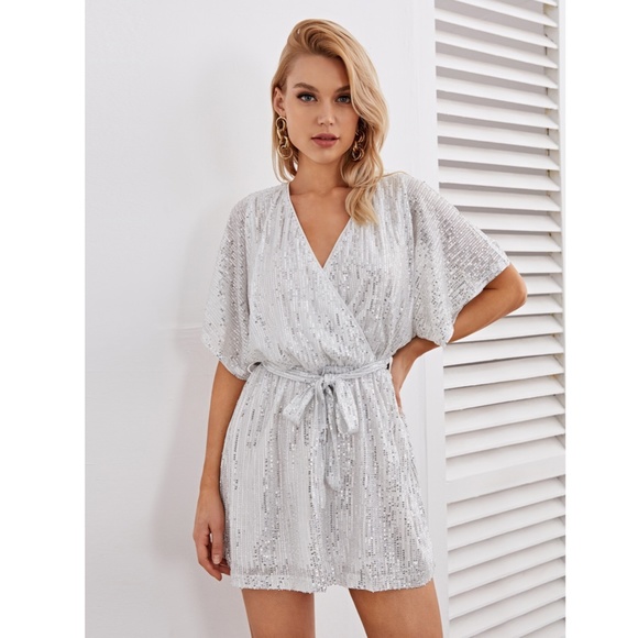 Rouge! Dresses & Skirts - All Over Sequin White V-Neck Belted Mini Dress
